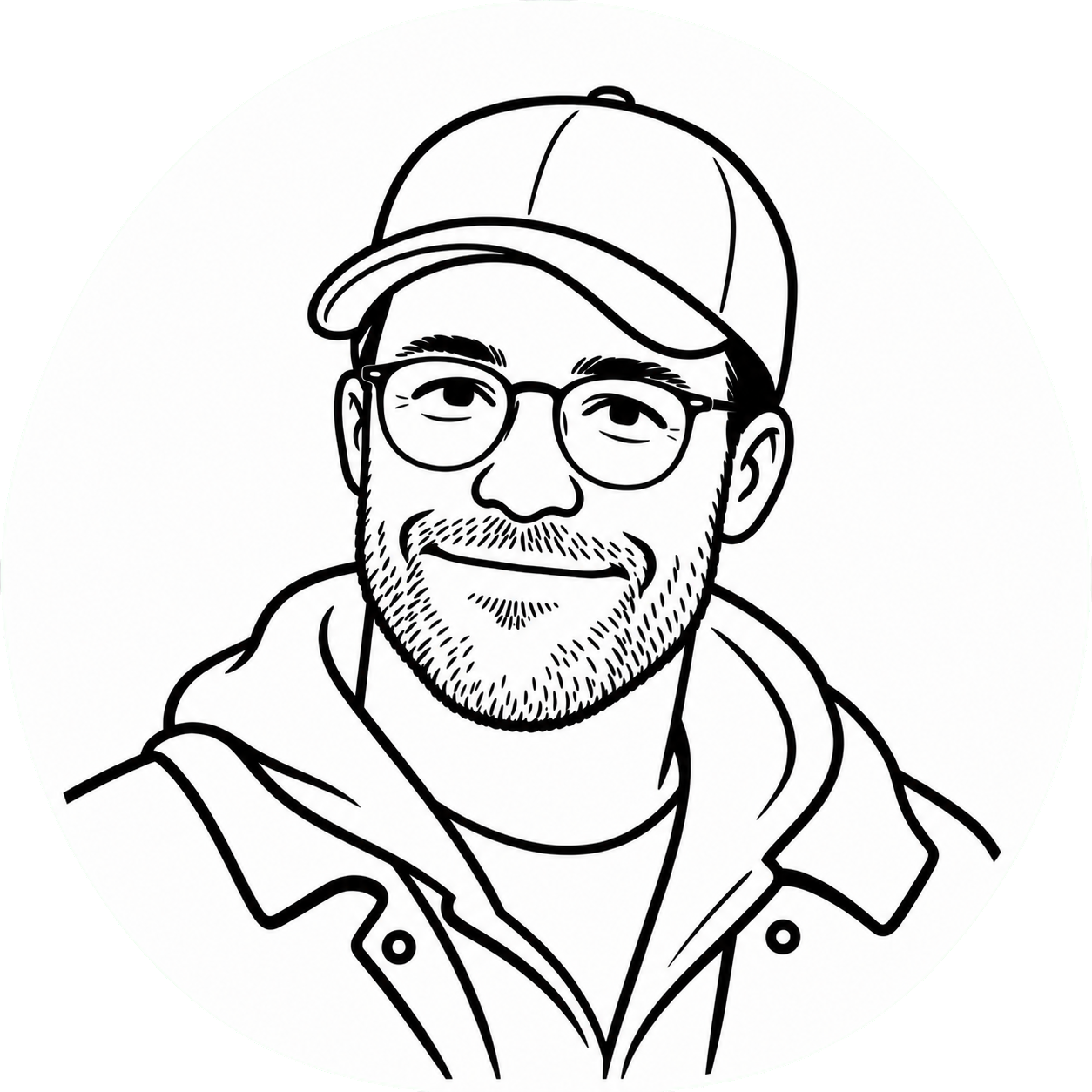 Illustrated portrait of an Omnisrank team member wearing a cap and glasses
